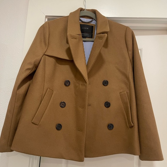 J. Crew Wool Melton Short Peacoat double breasted; tan with blue stripe lining - Picture 2 of 7